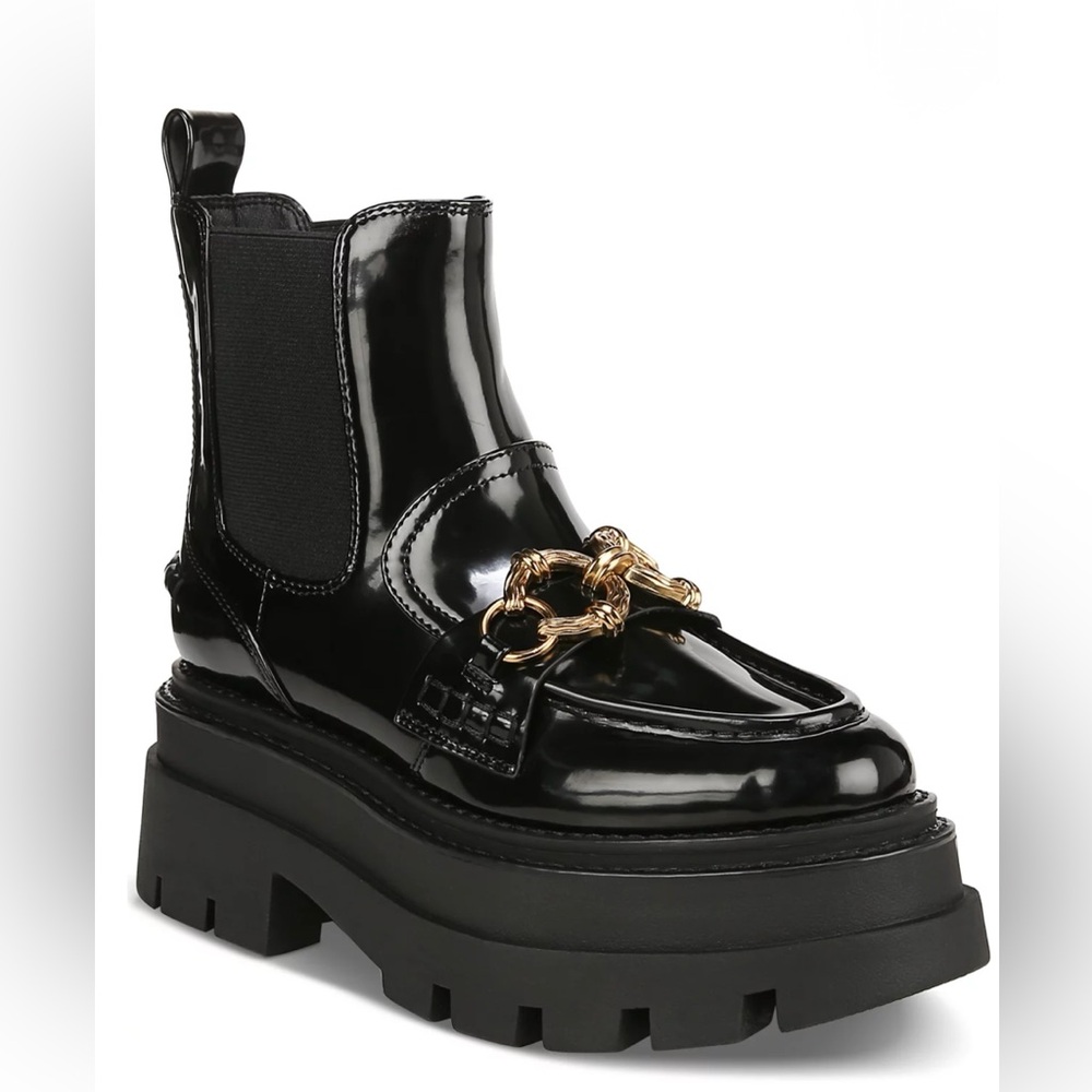 Black Ankle Boots with Gold Chain Detail